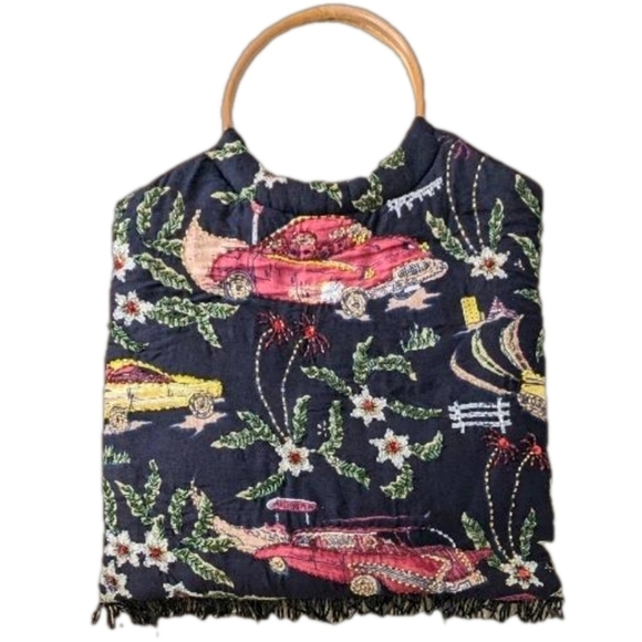 Vintage Handbags - Vintage Hand Beaded Retro Cars Fringe Black Purse Boho Tote Bamboo Handle